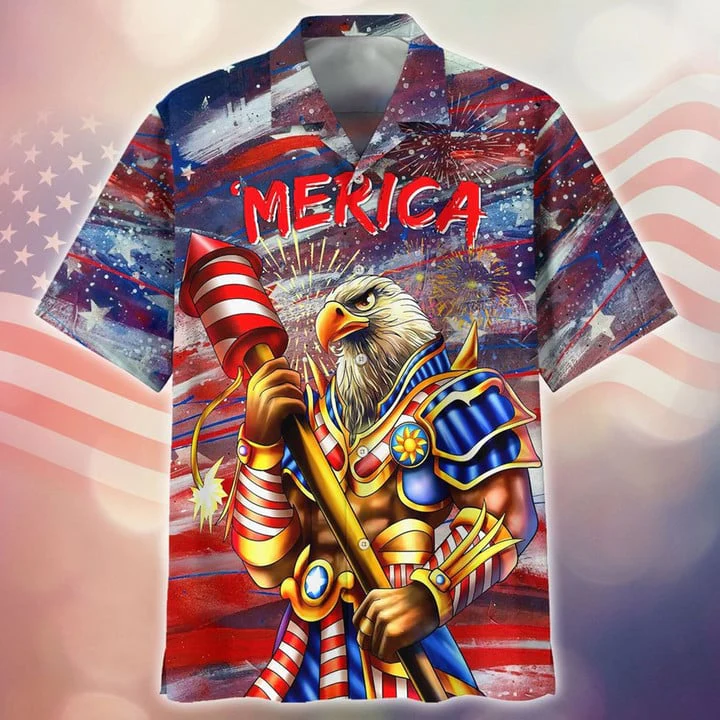 Eagle Merica Independence Day 3D Full Printed Trendy Hawaiian Shirt For Boyfriend, 4Th Of July Hawaiian Beach Shirt