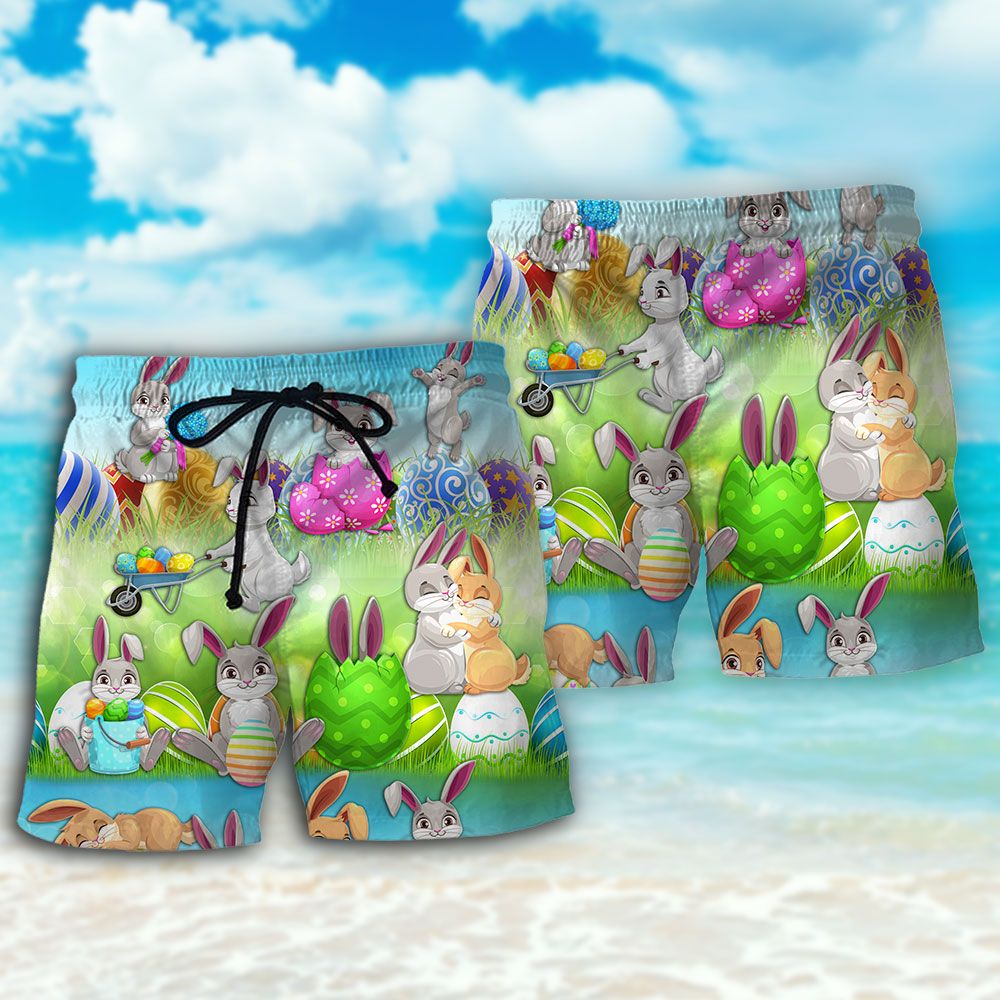 Easter Bunny Colorful Eggs Trendy Aloha Hawaiian Beach Shorts