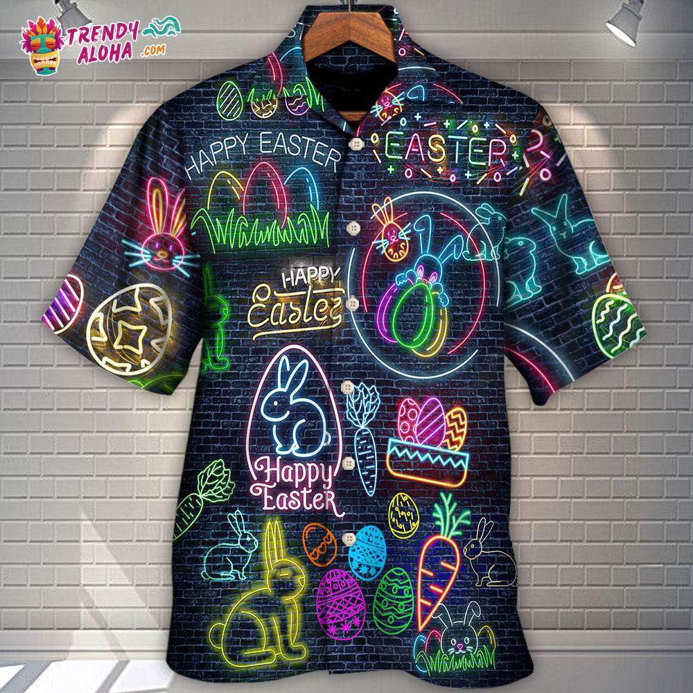 Easter Is Coming Rabbit Neon Style In Black Hawaiian Shirt – Trendy Aloha