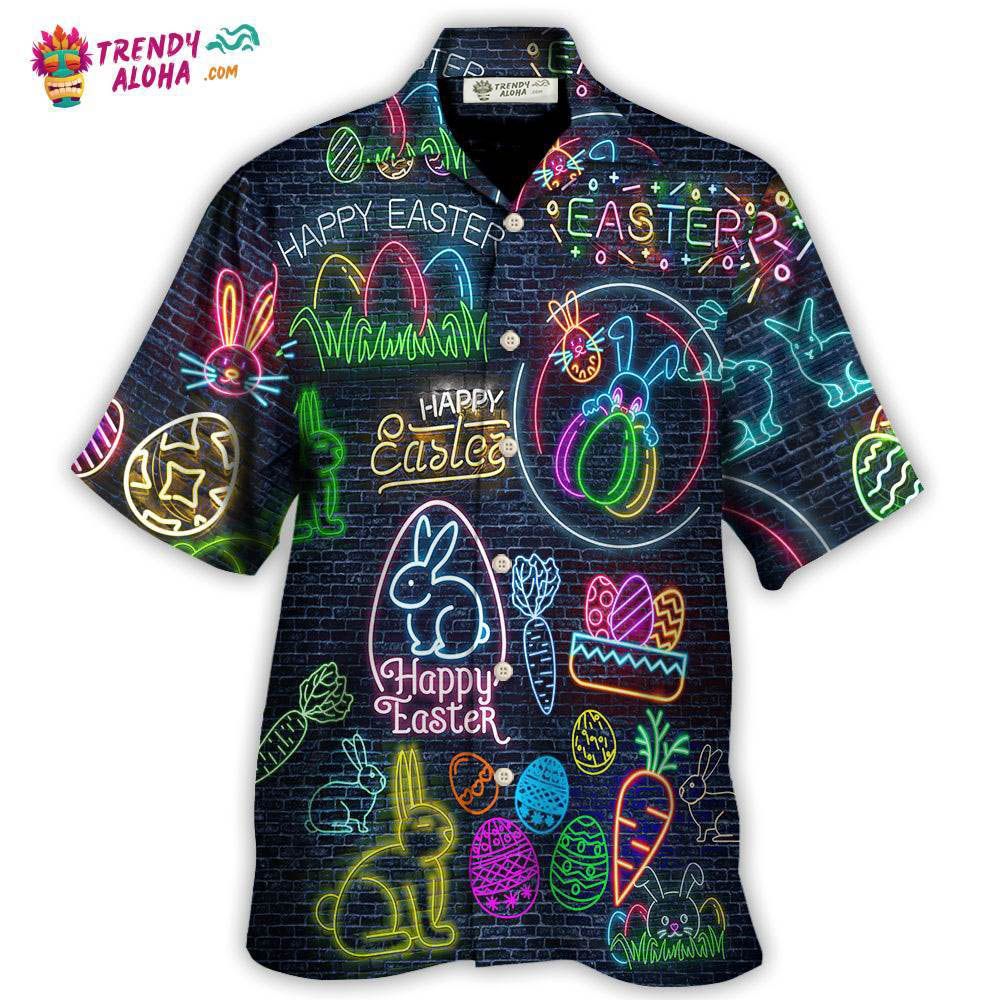 Easter Is Coming Rabbit Neon Style In Black Hawaiian Shirt – Trendy Aloha