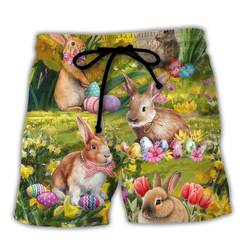 Easter Rabbit Chilling In The Flower Landscape Art Style Trendy Aloha Hawaiian Beach Shorts