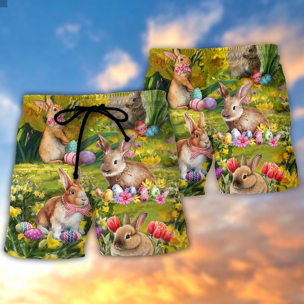 Easter Rabbit Chilling In The Flower Landscape Art Style Trendy Aloha Hawaiian Beach Shorts