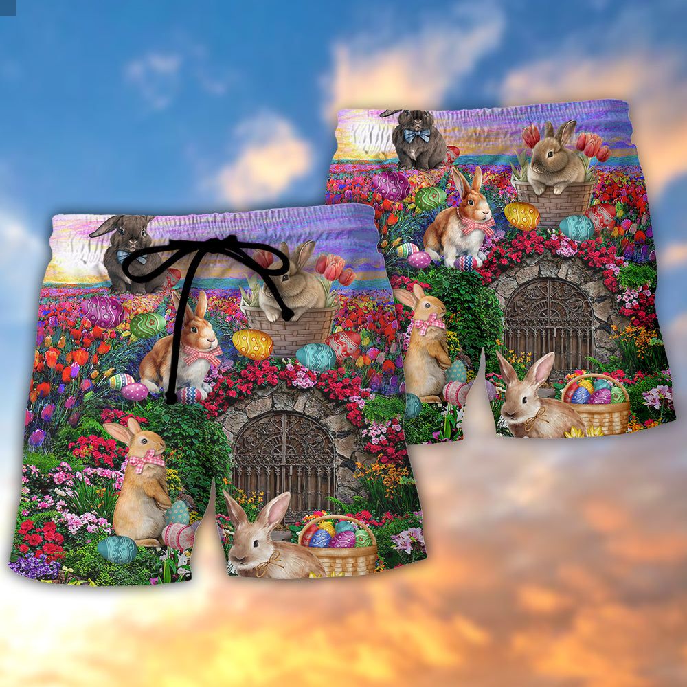 Easter Rabbit Chilling In The Flower Landscape Watercolor Style Trendy Aloha Hawaiian Beach Shorts
