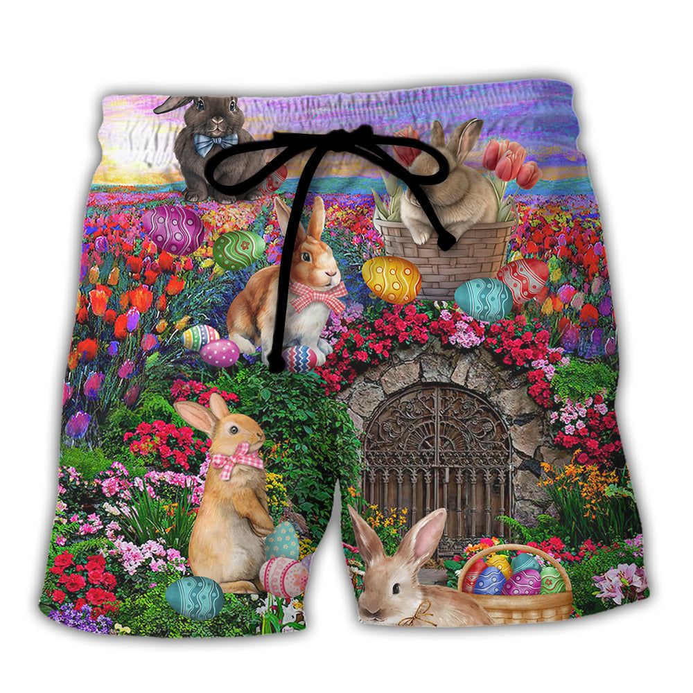 Easter Rabbit Chilling In The Flower Landscape Watercolor Style Trendy Aloha Hawaiian Beach Shorts