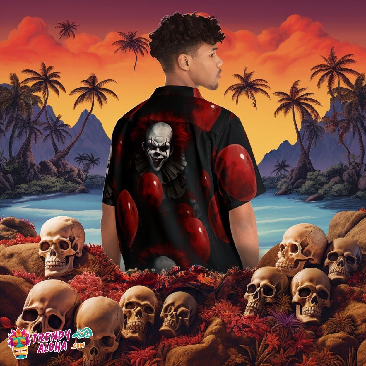 Eerie Carnival Men’s Pennywise Theme Hawaiian Horror Movie Monster Shirt