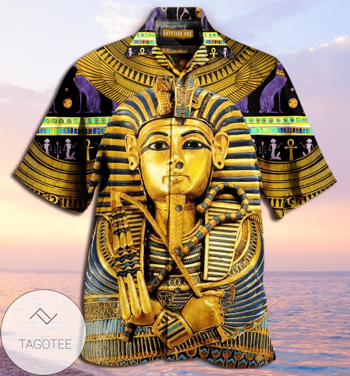 Egyptian God Wielding Power Across a Themed Hawaiian Shirt
