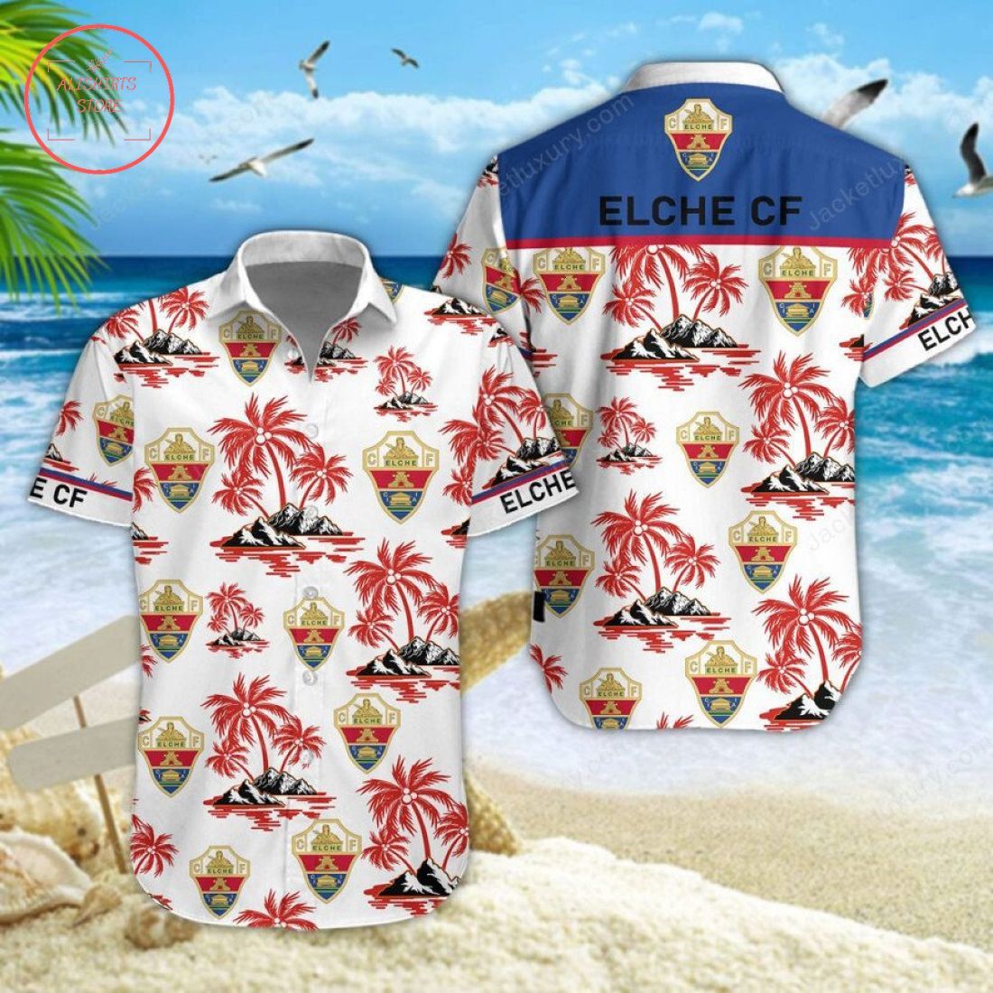 Elche Cf Coconut Tree White Blue Hawaiian Shirt