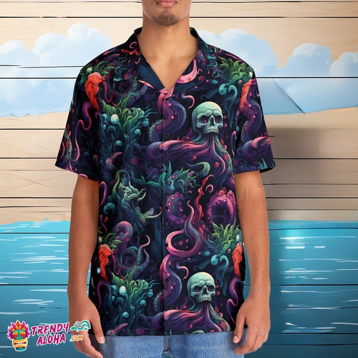 Eldritch Horror Shadows Sea Men Spooky Hawaiian Shirt Design