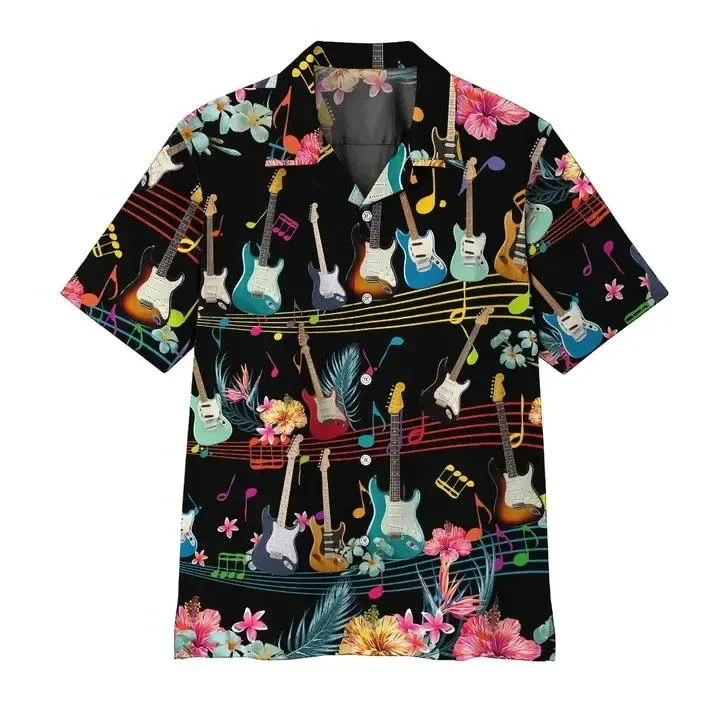 Electric Guitar On Music Stave And Notes Black Trendy Hawaiian Shirt, Summer Short Sleeve Hawaiian Aloha Shirt
