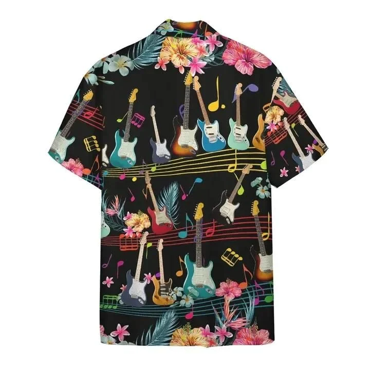 Electric Guitar On Music Stave And Notes Black Trendy Hawaiian Shirt, Summer Short Sleeve Hawaiian Aloha Shirt
