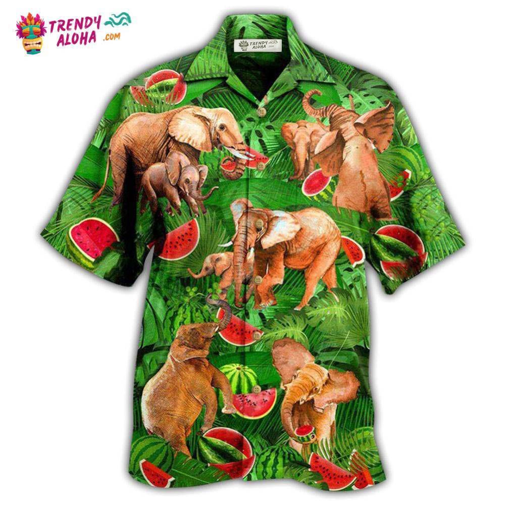 Elephant Funky Watermelon With Elephants Green Leaves Hawaiian Shirt – Trendy Aloha