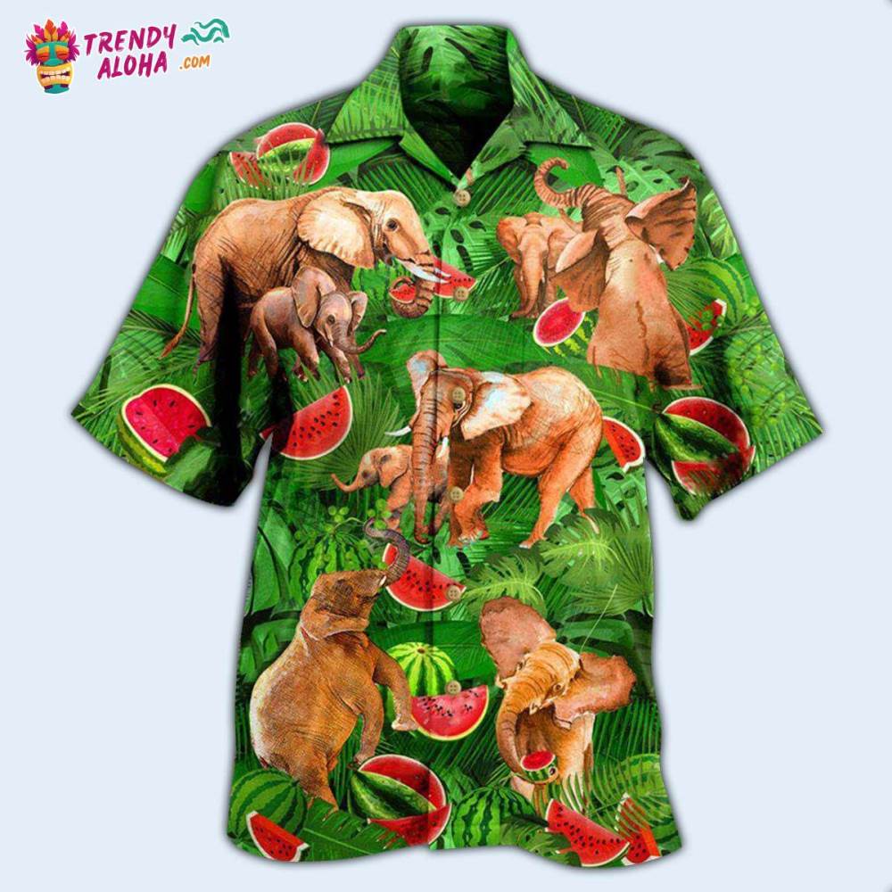 Elephant Funky Watermelon With Elephants Green Leaves Hawaiian Shirt – Trendy Aloha
