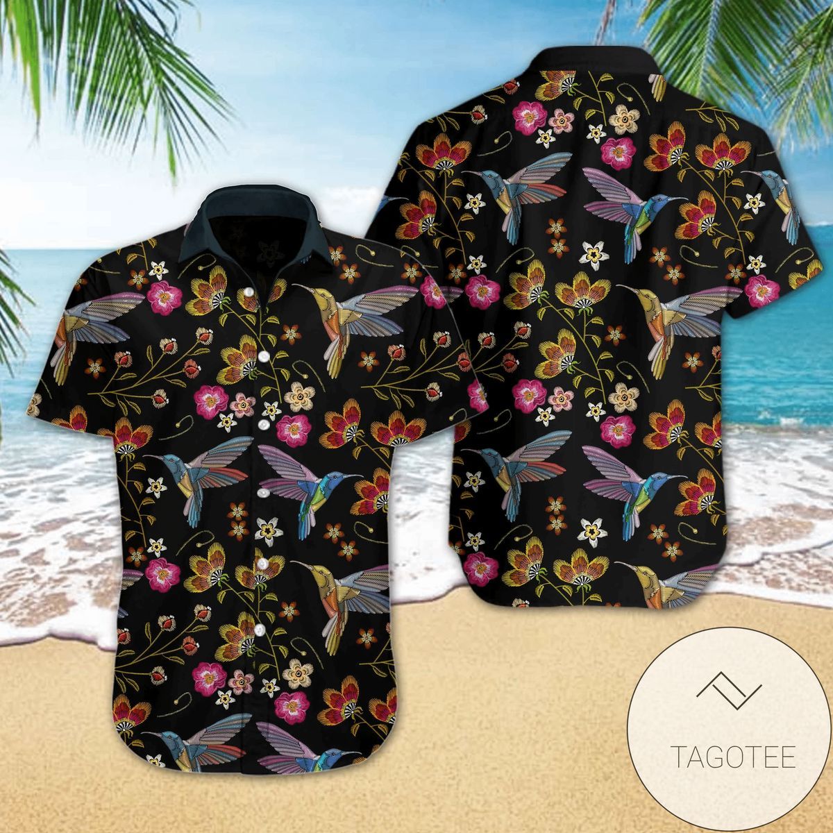 Embroidered Hummingbird Design Elegance Hawaiian Shirt Collection