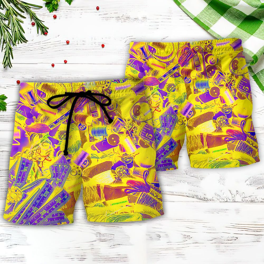 Embroidery Sewing Tailor Spool Vintage Retro Yellow Knitting Trendy Aloha Hawaiian Beach Shorts