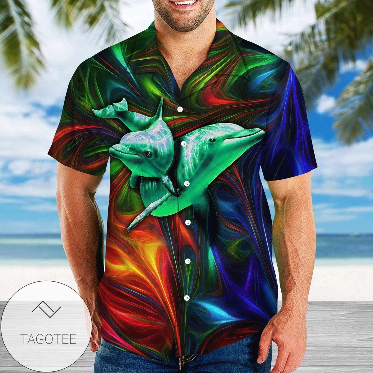 Engaging Colorful Dolphin Prints on Hawaiian Shirt