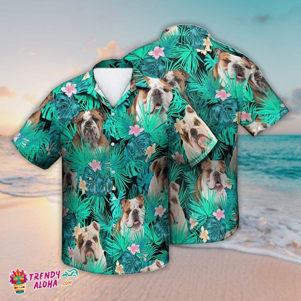 English Bulldog Hawaiian Shirt Tropical Summer Leaves, Aloha Hawaiian Shirts
