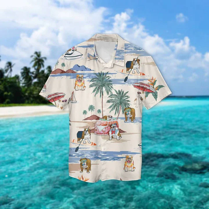English Bulldog Summer Beach Trendy Hawaiian Shirt, Trendy Hawaiian Shirts For Men Short Sleeve Aloha Beach Shirt