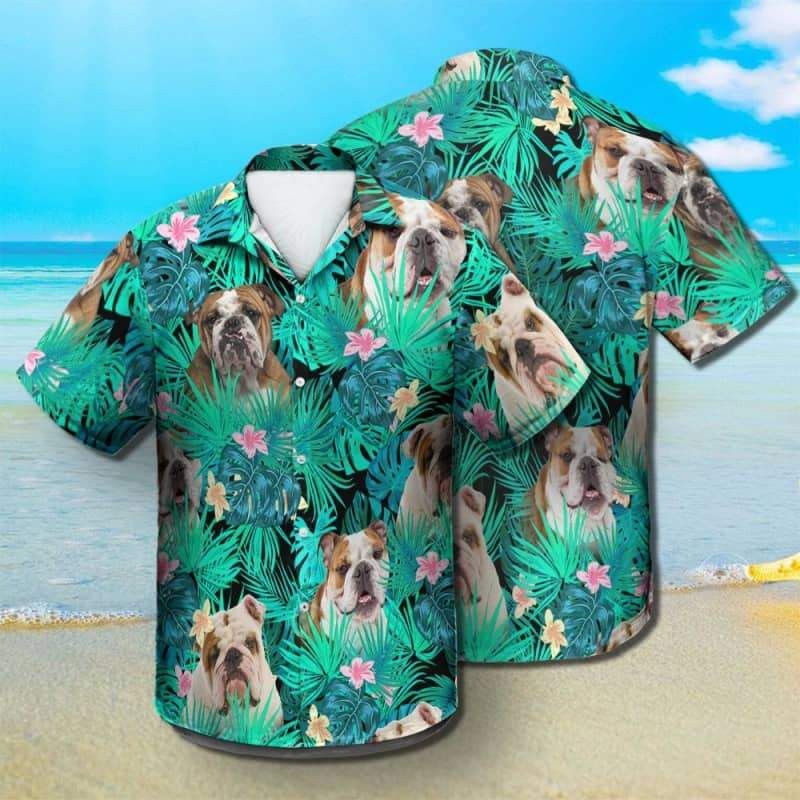English Bulldog Summer Leaves Trendy Hawaiian Shirt, Bulldog Trendy Hawaiian Shirt, Aloha Shirt For Dog Lover Summer Gifts