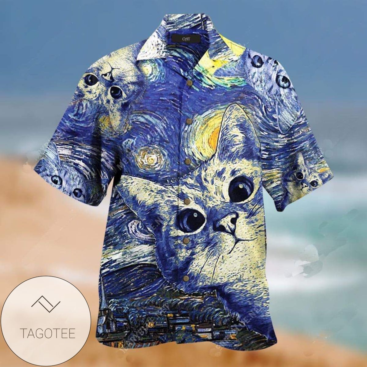 Enigmatic Cat Amidst Starry Night Scene on Hawaiian Shirt