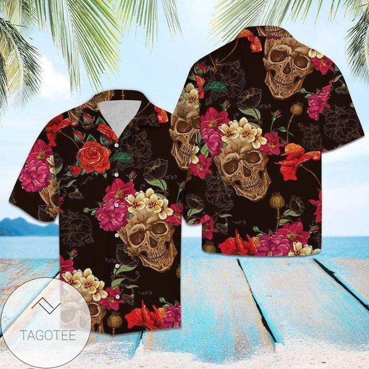 Enigmatic Skull Amidst Flowers Hawaiian Shirt Display