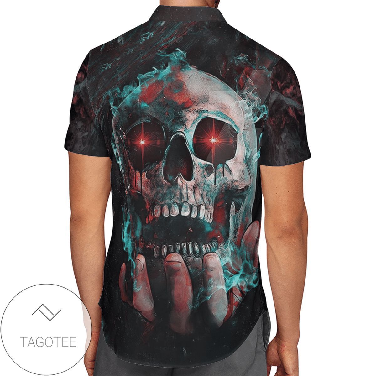 Enigmatic Skull Artfully Resting on Hand in Hawaiian Shirt