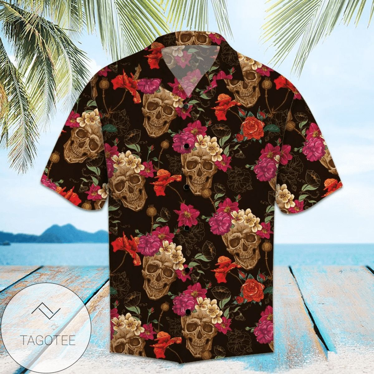 Enigmatic Skull Pops on This Vibrant Hawaiian Shirt