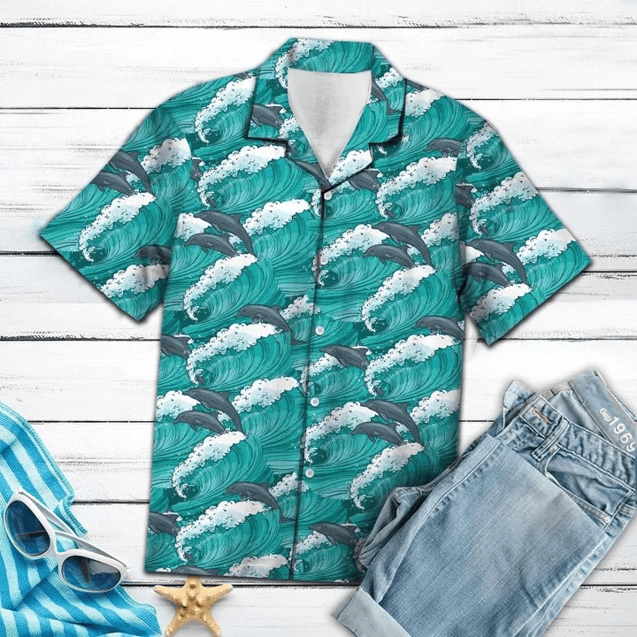 Enticing Dolphin Jumping On Huge Waves Pattern Trendy Hawaiian Shirt