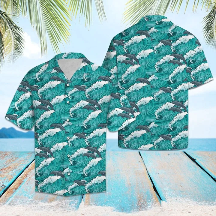 Enticing Dolphin Jumping On Huge Waves Pattern Trendy Hawaiian Shirt