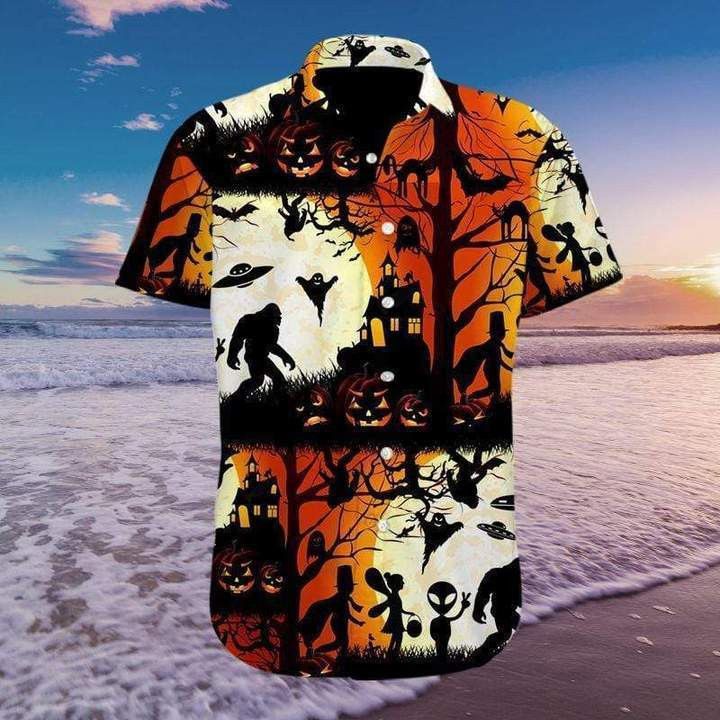 Ew People Bigfoot Ufo Halloween Camping Trendy Hawaiian Shirt, Unisex Print Aloha Short Sleeve Casual Shirt