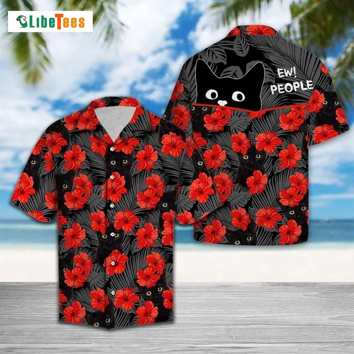 Ew People Black Cat And Red Flowers, Cat Trendy Hawaiian Shirt Perfect Gifts For Your Loved Ones