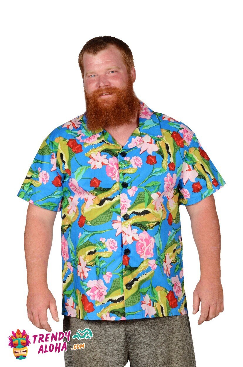 Exotic Blue Crocodile Tropical Pattern Stylish Hawaiian Themed Shirt