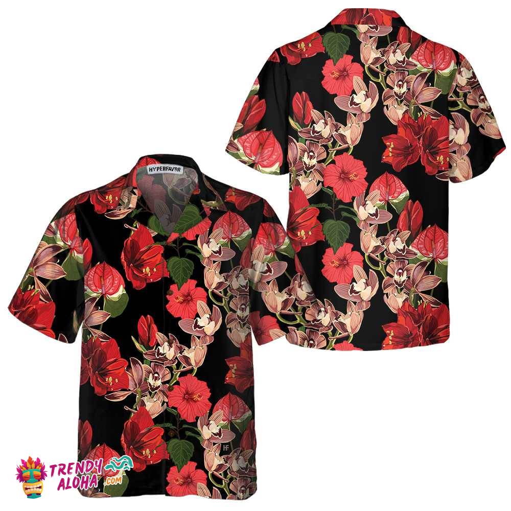Exotic Hibiscus And Tropical Plants Hawaiian Shirt, Unique Red Hibiscus Print Shirt
