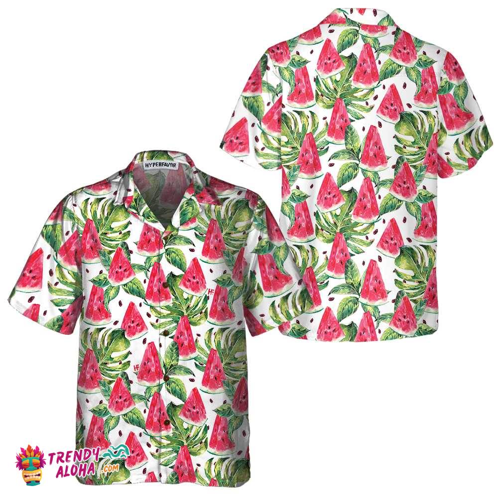 Exotic Summer Watermelon Hawaiian Shirt, Tropical Leaves And Watermelon Print Shirt Exotic Summer Watermelon Hawaiian Shirt, Tropical Leaves And Watermelon Print Shirt