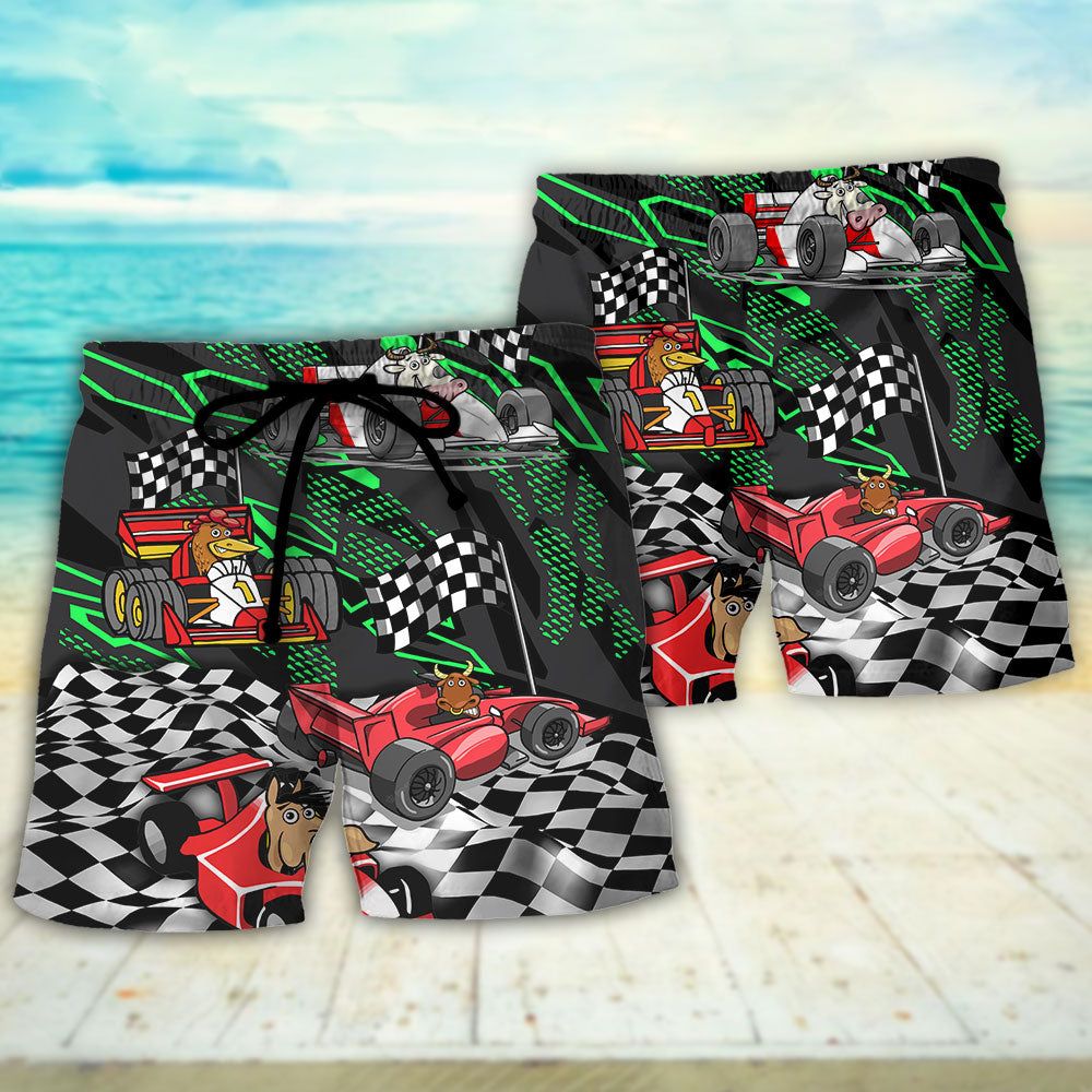 F1 Formula One Animals Racing Car Funny Speed LoverTrendy Aloha Hawaiian Beach Shorts