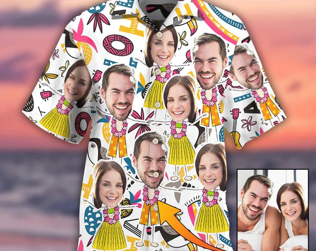 Face Custom Photo Aloha Couple Shirt And Beach Short, Tropical Beach Shirt Button Down Shirt, Gift For Family, Hawaii Shirt Party Summer.