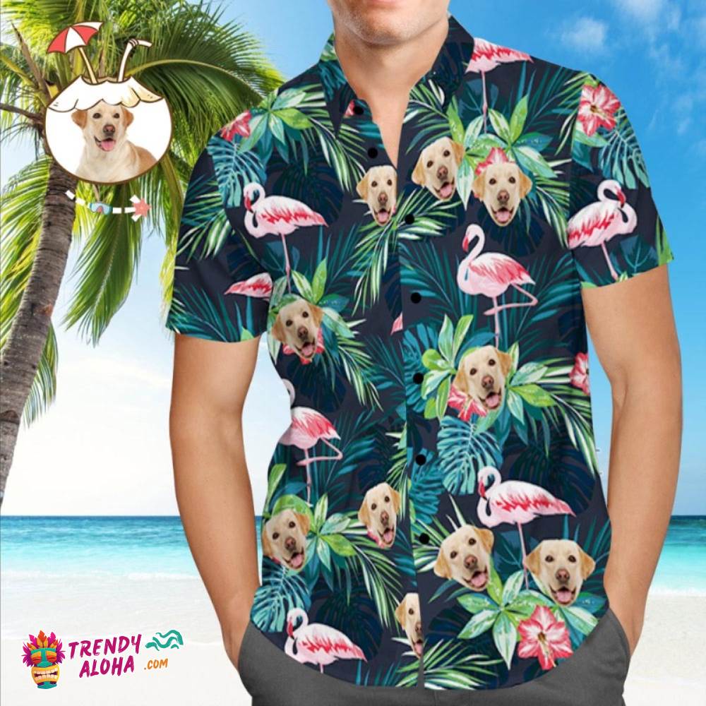 Face On Shirts Custom Trendy Aloha Hawaiian Shirt With Face Leaves & Flamingo Button Down Shirts