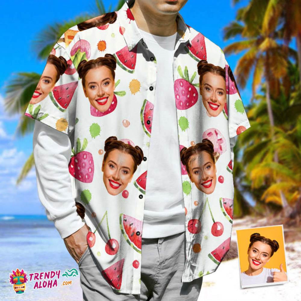 Face Print Trendy Aloha Hawaiian Shirt Watermelon & Strawberries & Cherries Casual Beach Shirt
