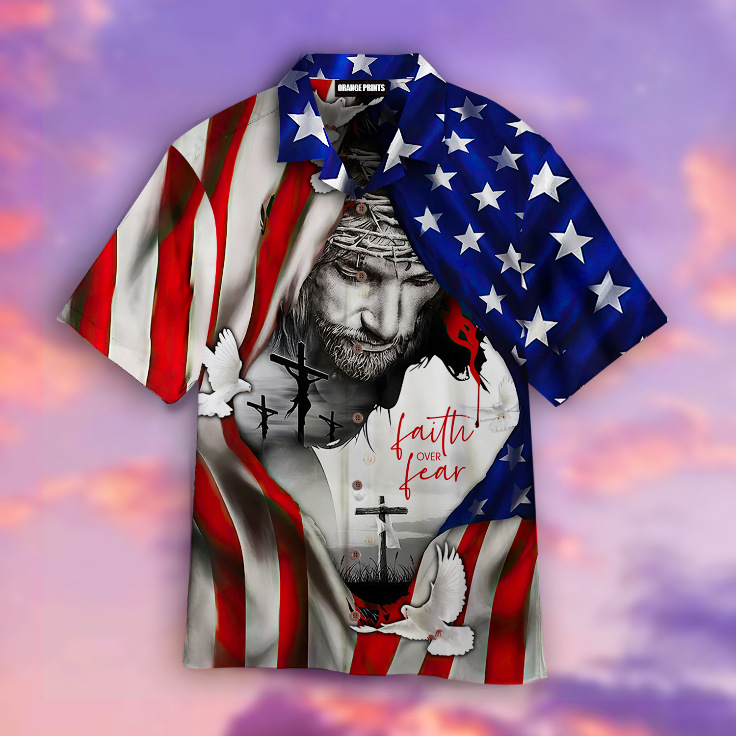 Faith Over Fear Jesus Under American Flag Aloha Hawaiian Shirt | For Men & For Women |