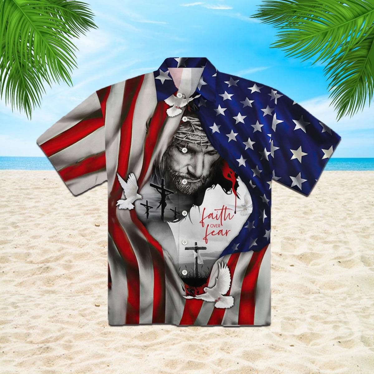 Faith Over Fear Jesus Under American Flag Trendy Hawaiian Shirthw8491