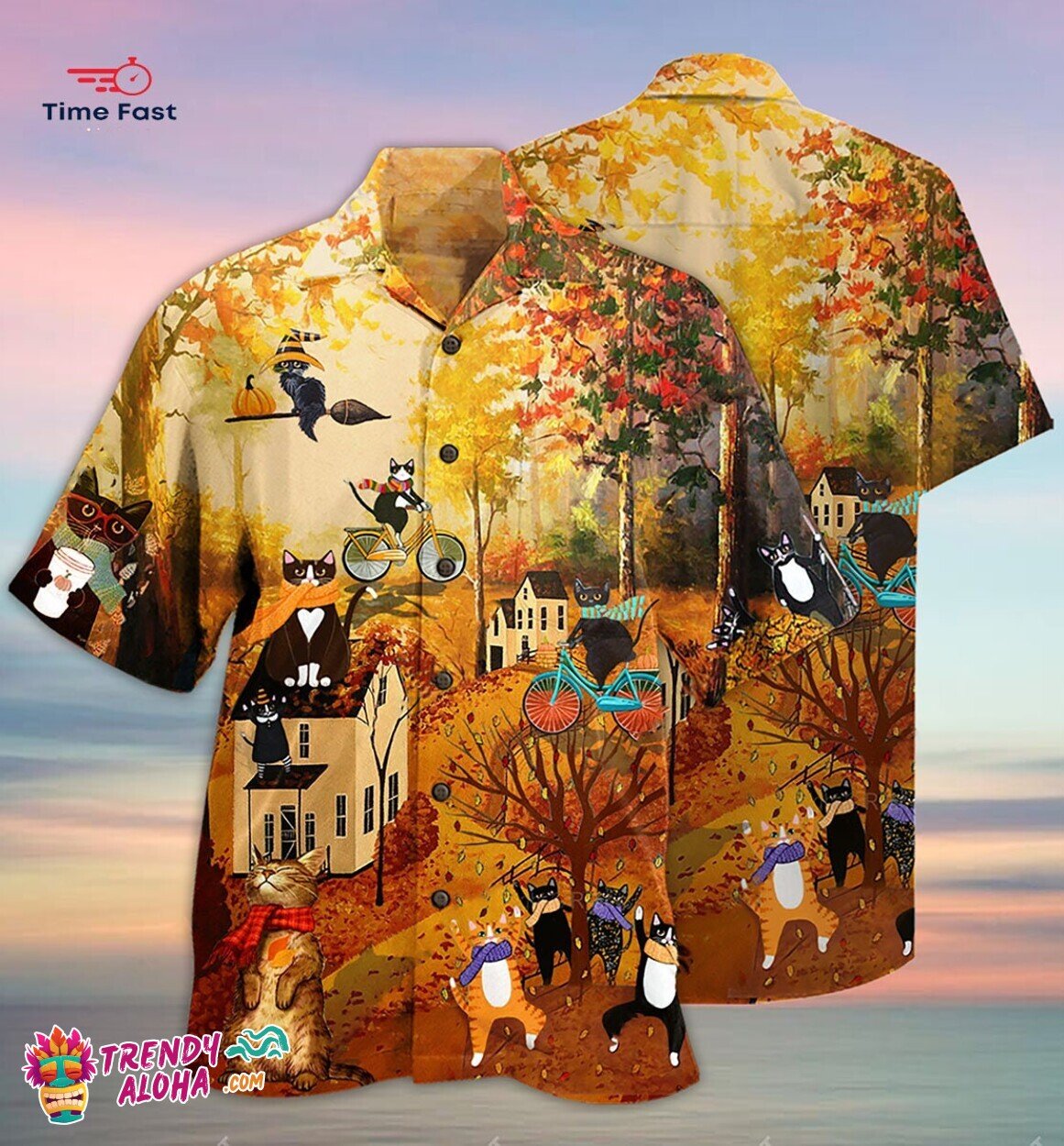 Fall Feline Fun Cat Hawaiian Shirt Autumn Hawaii Gift Unisex