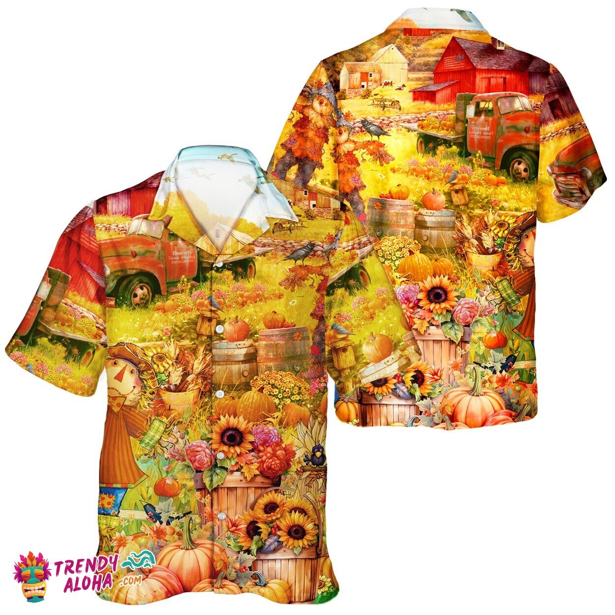 Fall Garden Grome Unisex Hawaiian Shirt with Autumn Pumpkin Leaves