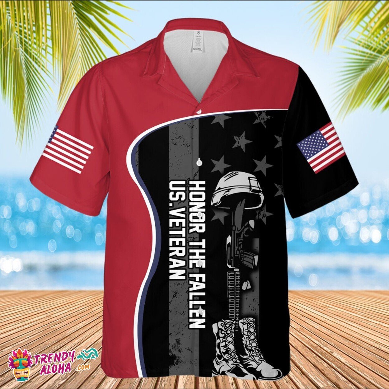 Fallen Heroes US Veteran Dogtags Red Black Hawaiian Tribute Shirt
