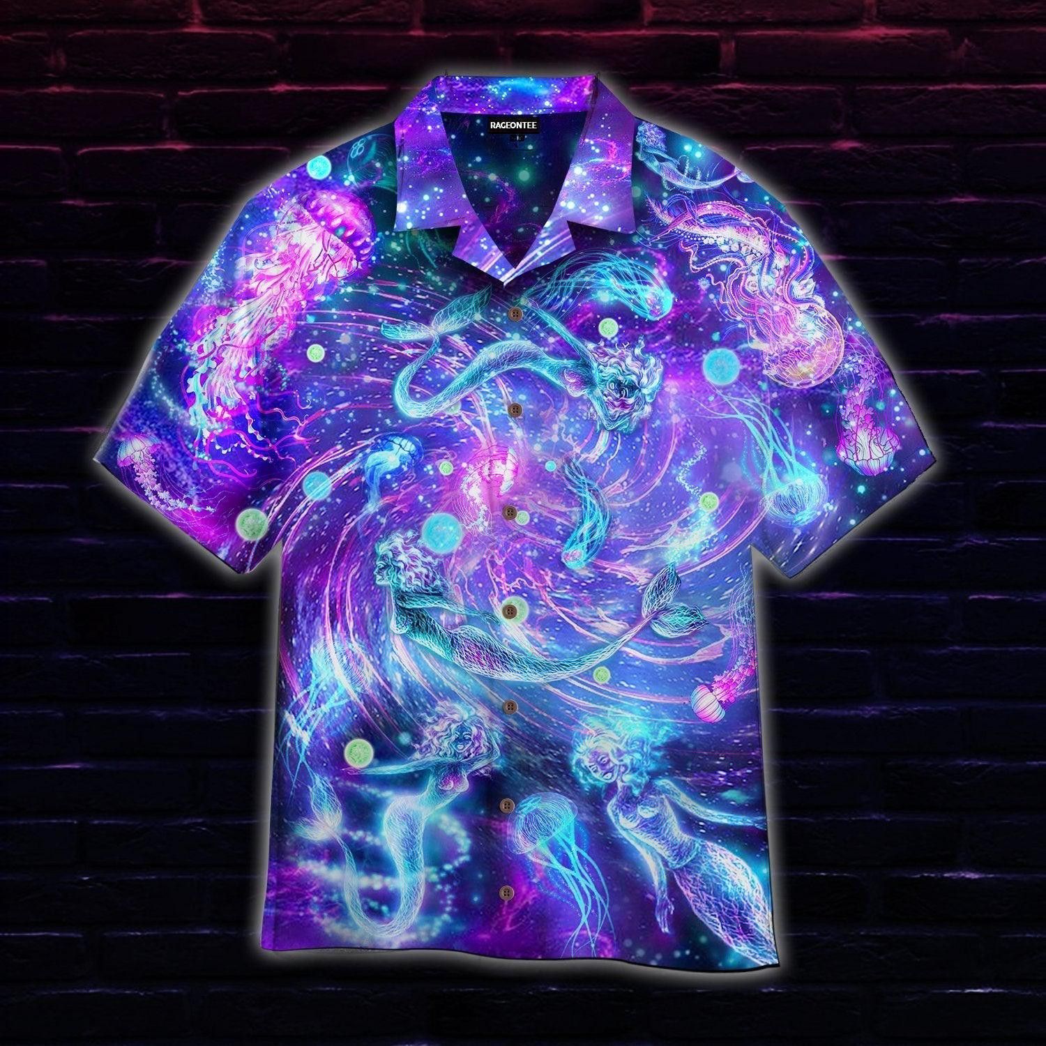 Fantasy Mermaid And Neon Jellyfish Hawaiian Shirt For