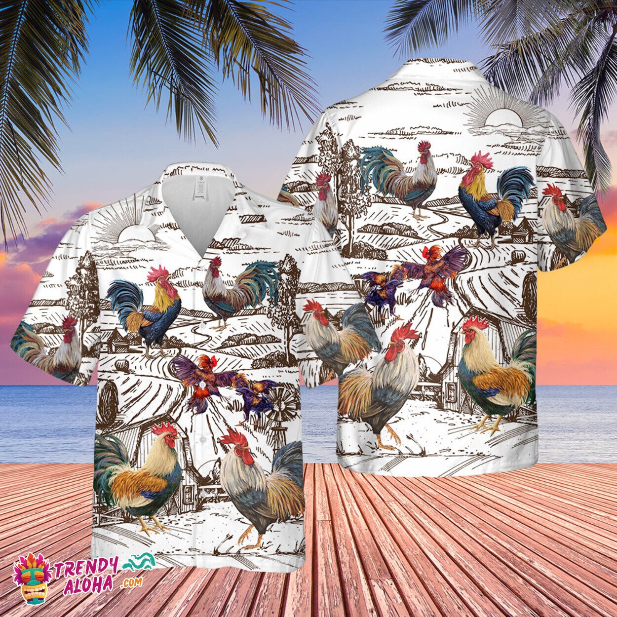 Farm Rooster Pattern 3D Tropical Floral Hawaiian Aloha Shirt