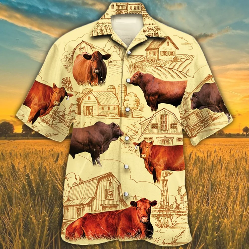 Farm Theme Red Angus Cattle Hawaiian Shirt for Bovine Enthusiasts