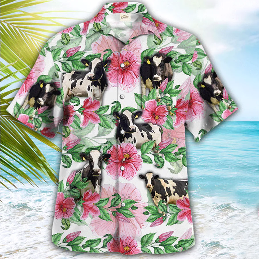 Farmer’s Delight: Holstein Cow Trendy Hawaiian Shirt – Tropical Attire for Him