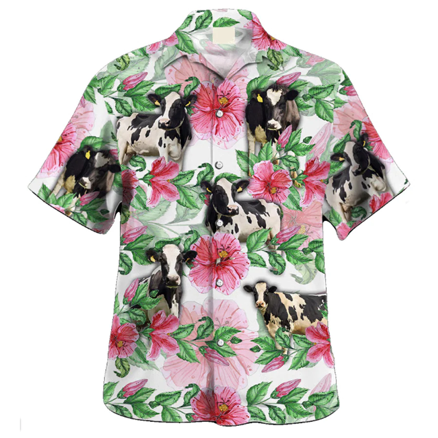 Farmer’s Delight: Holstein Cow Trendy Hawaiian Shirt – Tropical Attire for Him