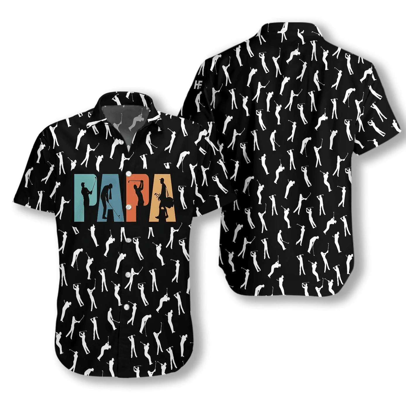 Father Golfing Hawaii Shirt Papa Golfing Posing Pattern Black White Trendy Hawaiian Shirt Golfing Aloha Shirt