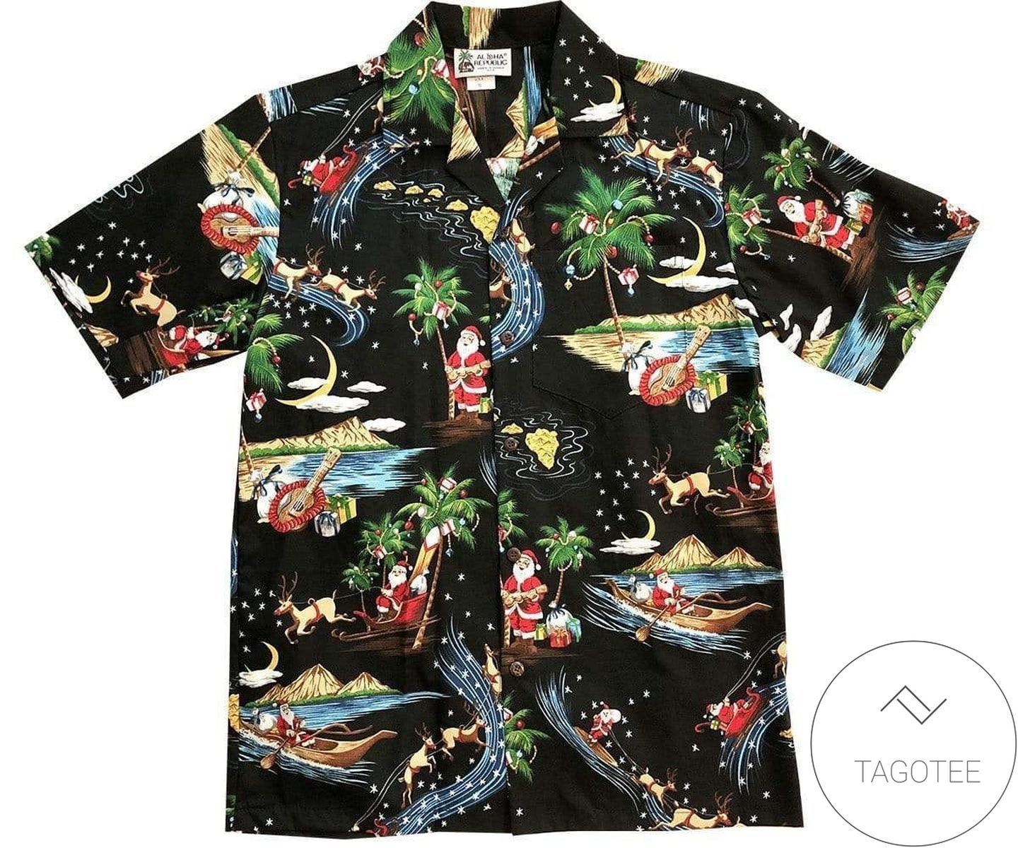 Festive Glow Santa Claus Makes a Mark on Black Hawaiian Shirt