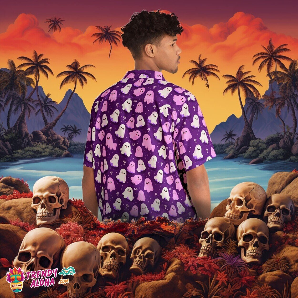 Festive Halloween Ghosts Adorned Colorful Unisex Hawaiian Shirt